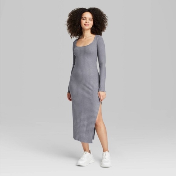 Women's Long Sleeve Rib Knit Midi Dress - Wild Fable™ Slate Gray new - Picture 2 of 5